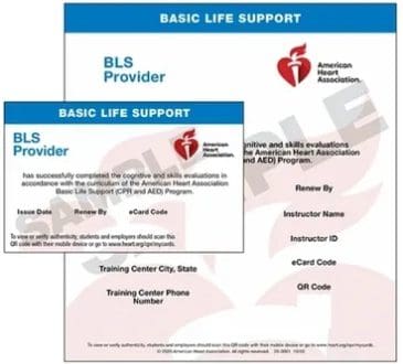 A basic life support certificate and bls provider card.