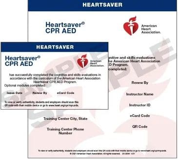 A cpr aed certificate and training card.
