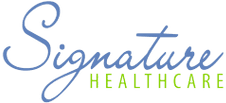 A green background with the words signature health written in blue.